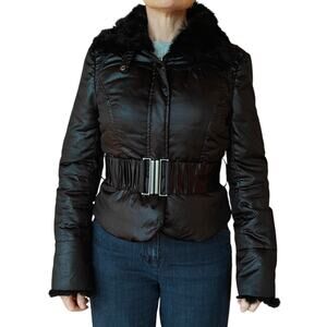 Bebe Black Puffer Jacket w/ Rabbit Fur Collar Belted Down Fill Size M